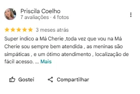 Print de avaliação no Google de Priscila Coelho para a Má Cherie
